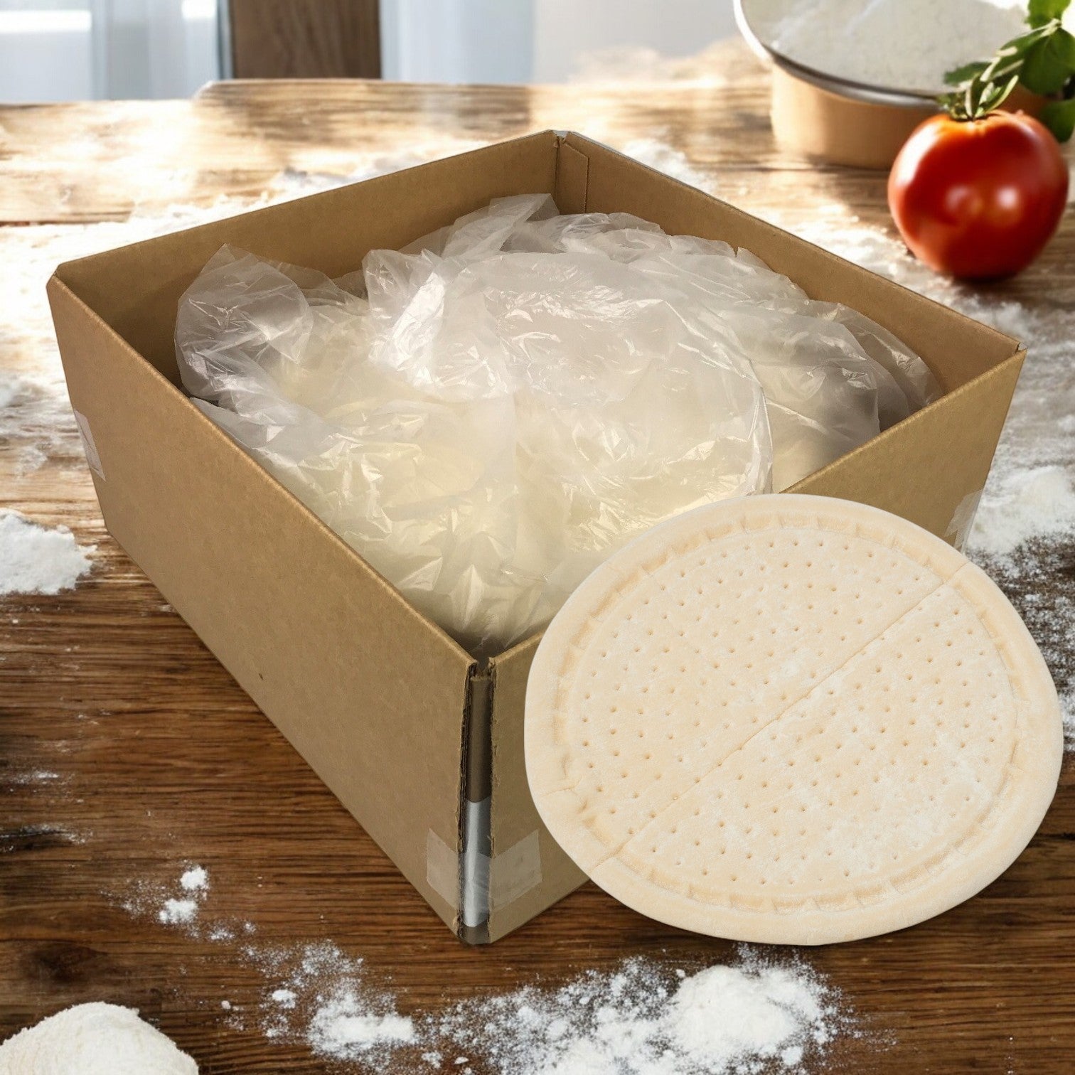 On a wooden table, a cardboard box of Rich's Pizza Crust Parbaked 16", 10/22.5oz sits open. A single crust wrapped in plastic is displayed at the front, with flour and a ripe tomato in the background for inspiration.