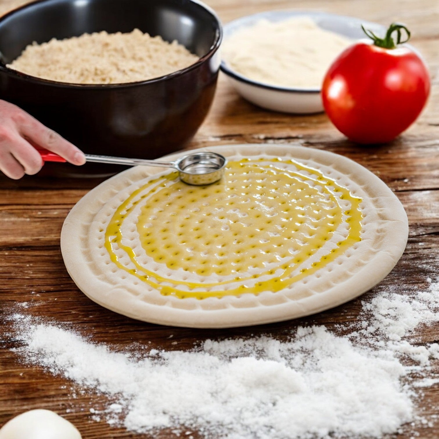 Someone drizzles olive oil onto a Rich's Pizza Crust Parbaked 16" on a wooden surface, surrounded by flour, a tomato, and bowls of cheese and dough.