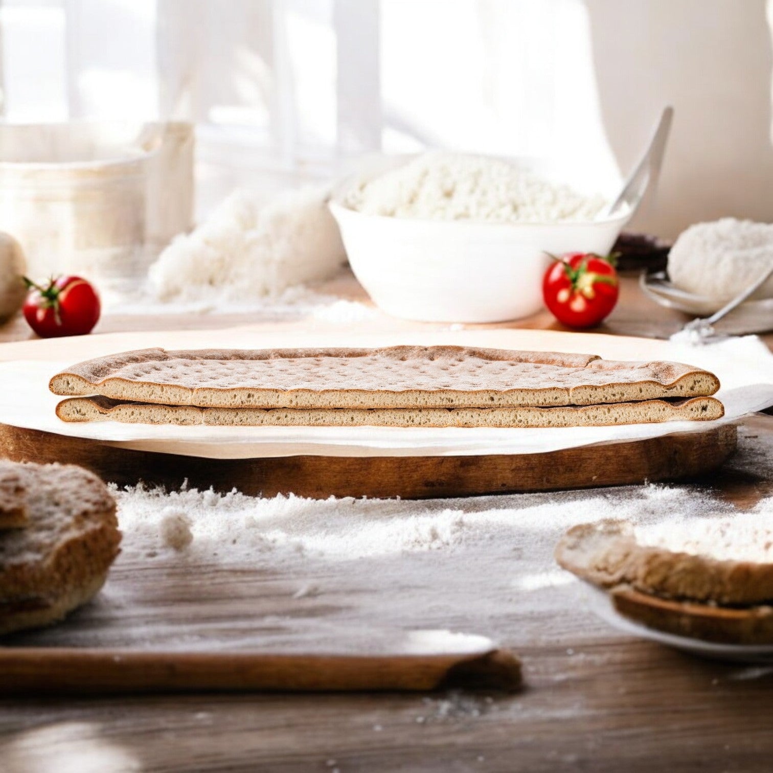 A Rich’s Pizza Crust Parbaked 16" sits on a wooden board surrounded by scattered flour, fresh tomatoes, and baking ingredients on a rustic table.
