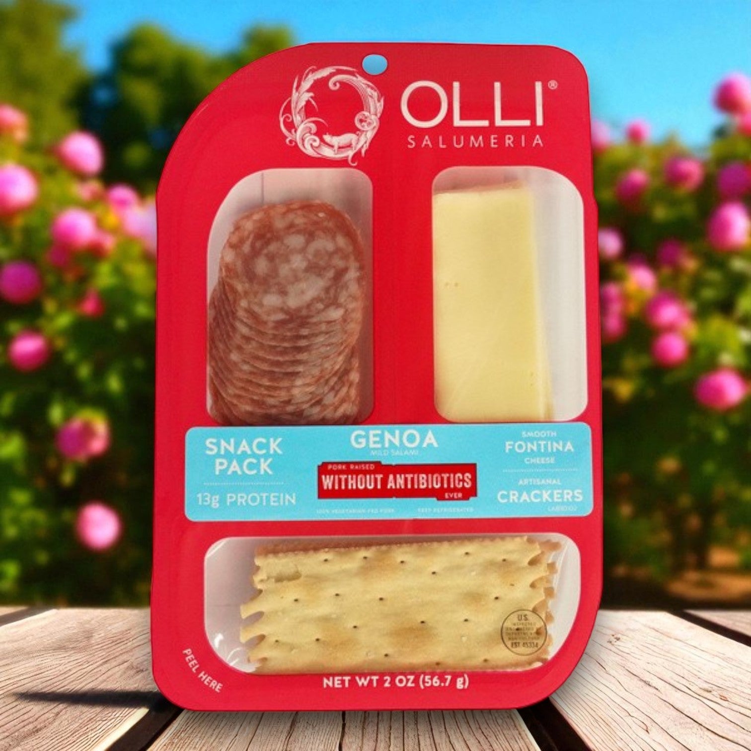 The Olli Salami Genoa Fontina Snack Pack (2 oz, 10 packs per case) includes sliced salami, Fontina cheese, and artisanal crackers—making it a perfect high-protein snack for any time of day.