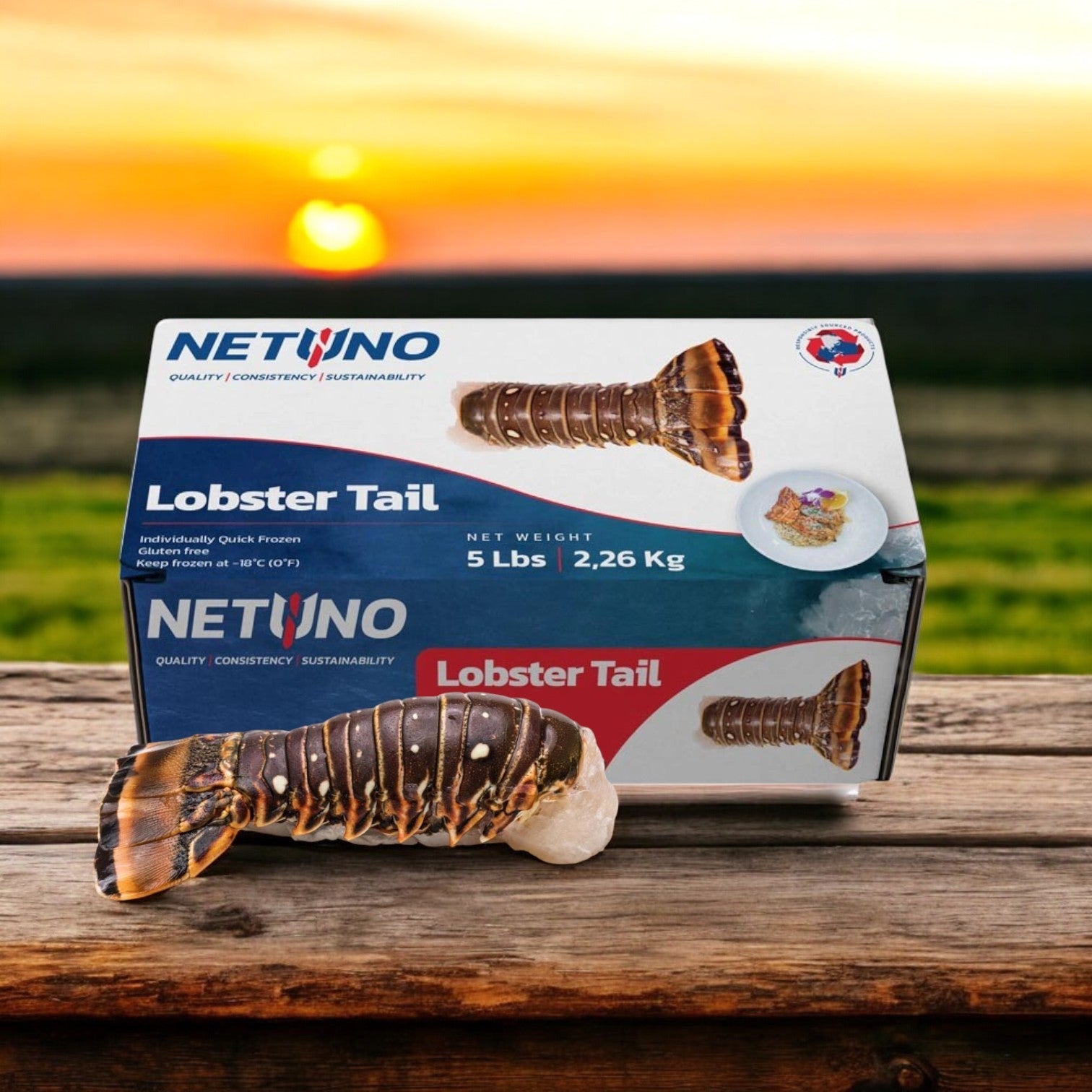 A 5lb box of Netuno Rock Lobster Tails showcases a vivid image of one tail and another beside it, with a sunrise over a field background, highlighting gourmet dining and sustainable sourcing.