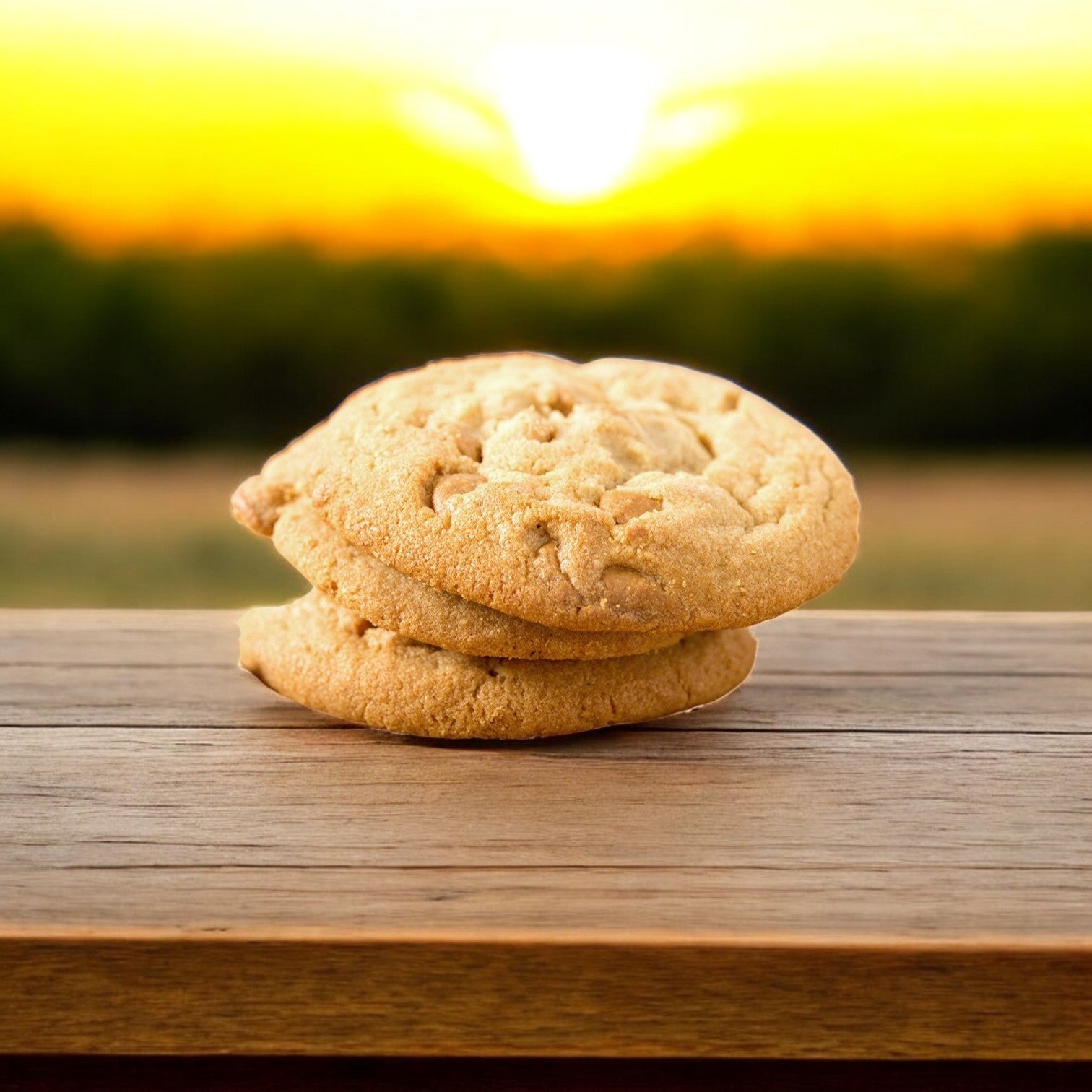 Two delicious David's Cookies Peanut Butter cookies are stacked on a wooden table, beautifully captured against a backdrop of blurred sunset and trees.