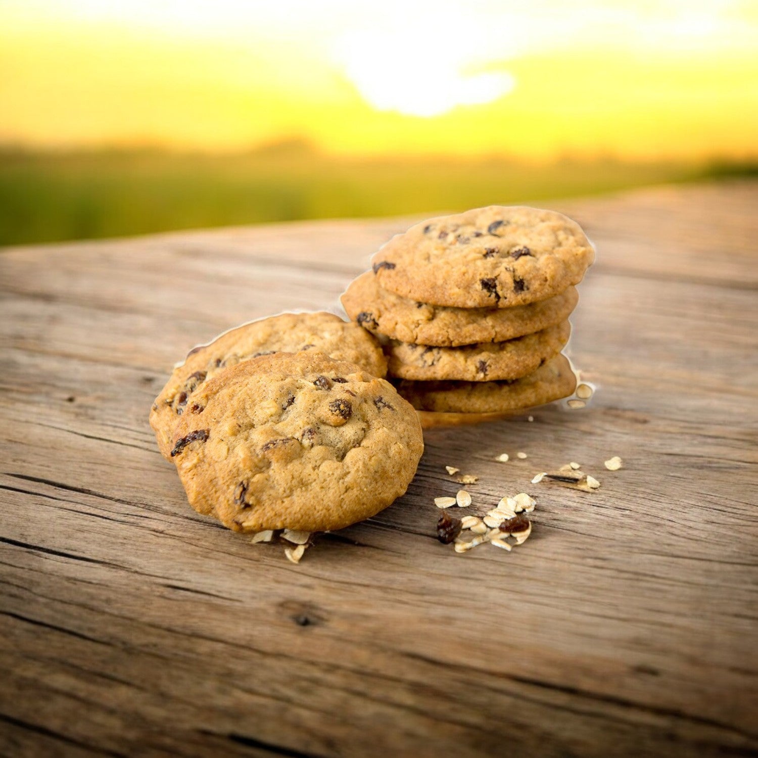 On a wooden table at sunset, David's Cookies Oatmeal Raisin cookies sit stacked alongside oats, evoking classic oatmeal raisin delights.