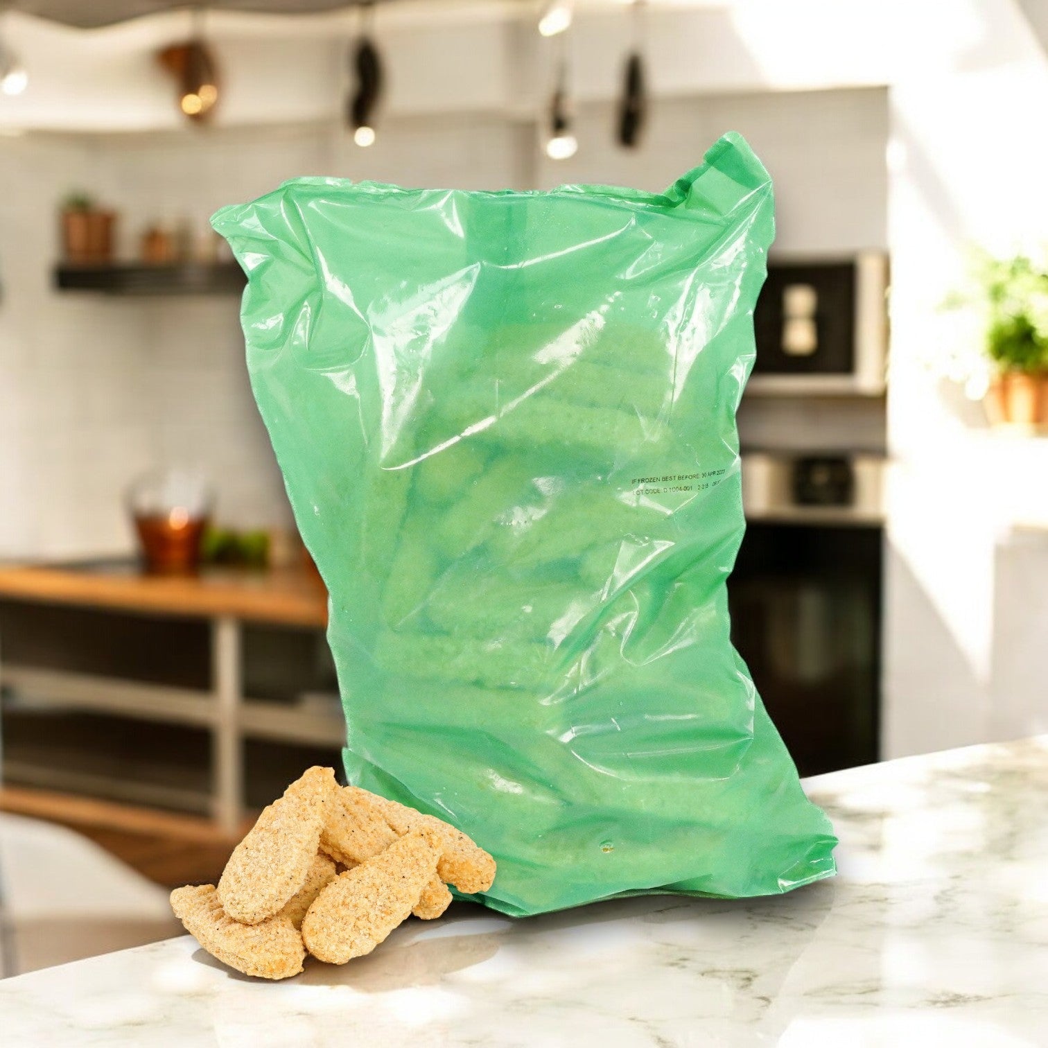 A green plastic bag of Beyond Meat Plant-Based Chicken Tenders is on the counter with some tenders spilling out. This vegan product adds to the serene ambiance as kitchen details fade softly into the background.
