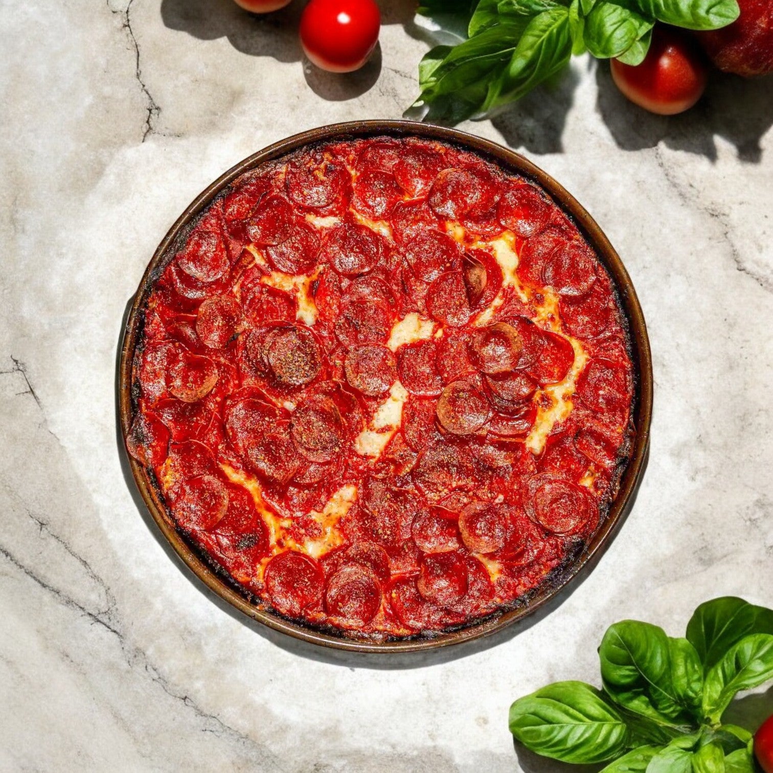 This mouthwatering 2" tall pepperoni deep-dish creation from Pequod Pizza rests on a marble surface, encircled by vibrant basil and juicy tomatoes.