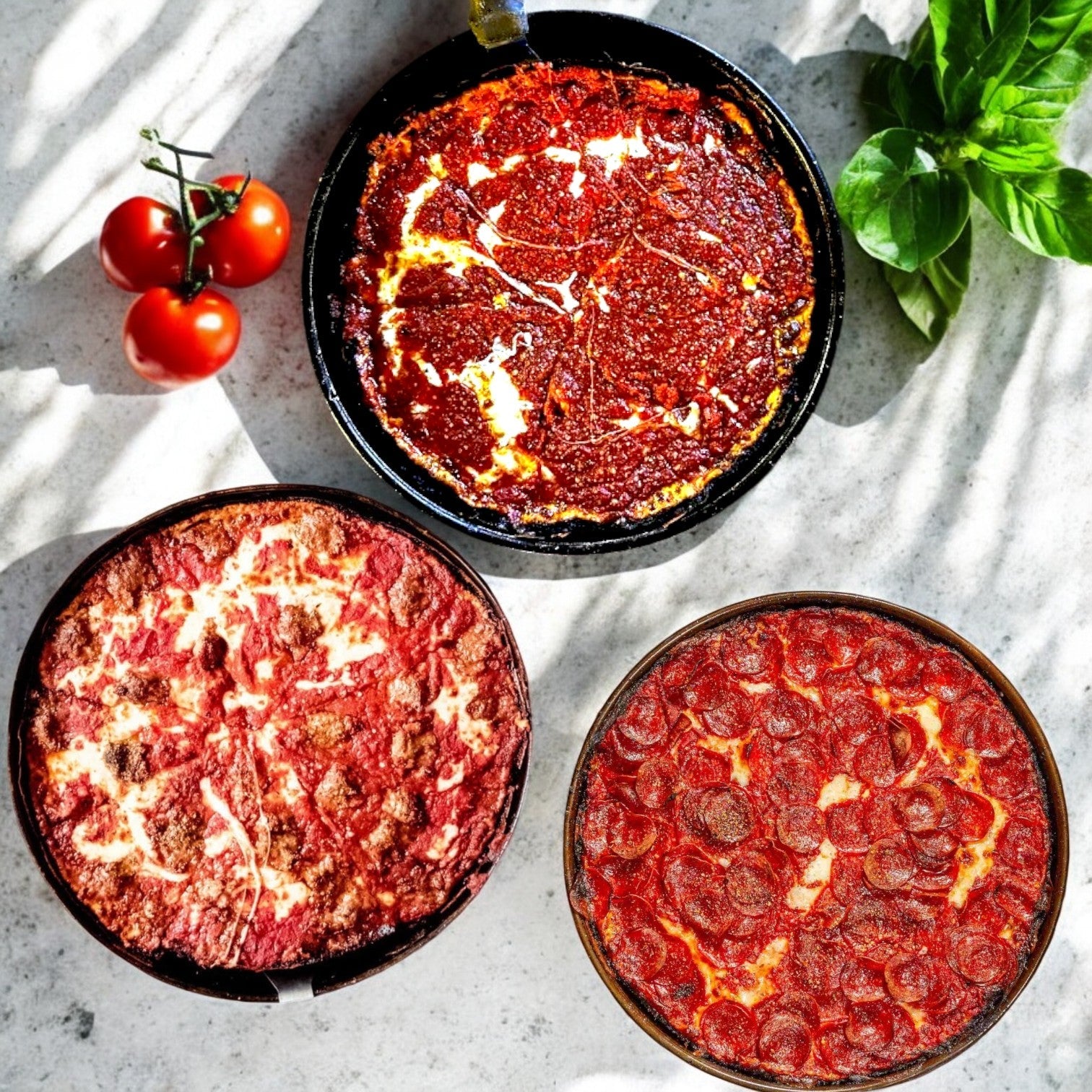 Pequods Deep Dish Pizza 3-Pack Combo, 10 Inch Pizzas- Cheese, Pepperoni & Sausage