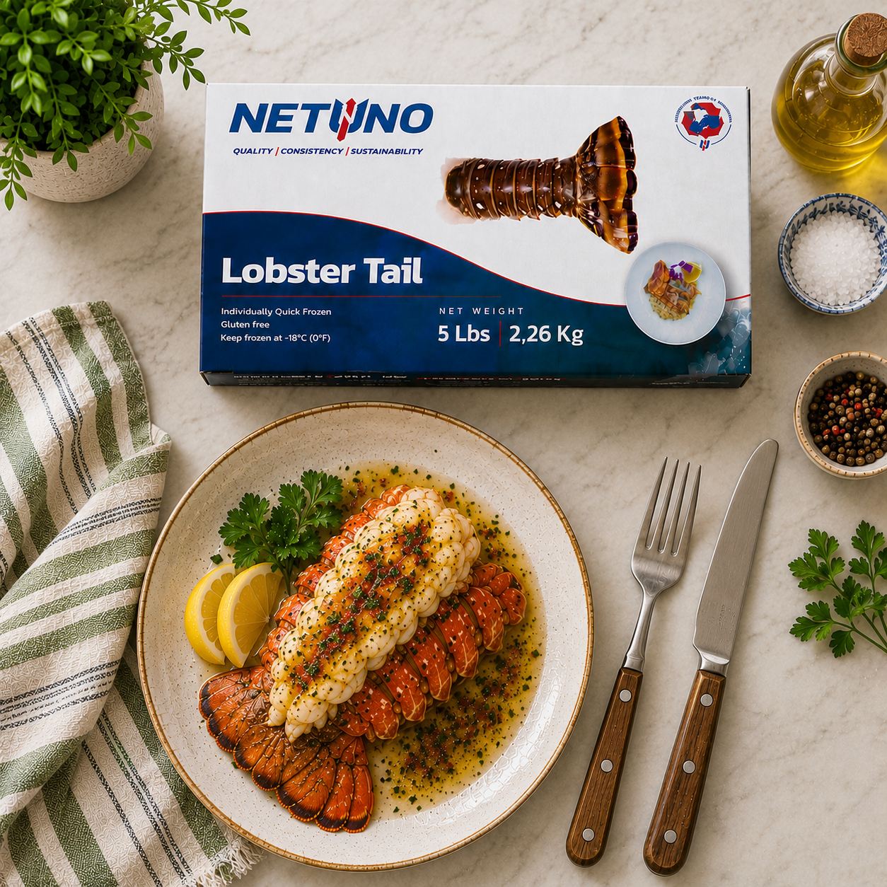 NETUNO Caribbean Lobster Tails β Deveined, Flash Frozen, 10β12 oz Each, 5 lb Box, 1 Case