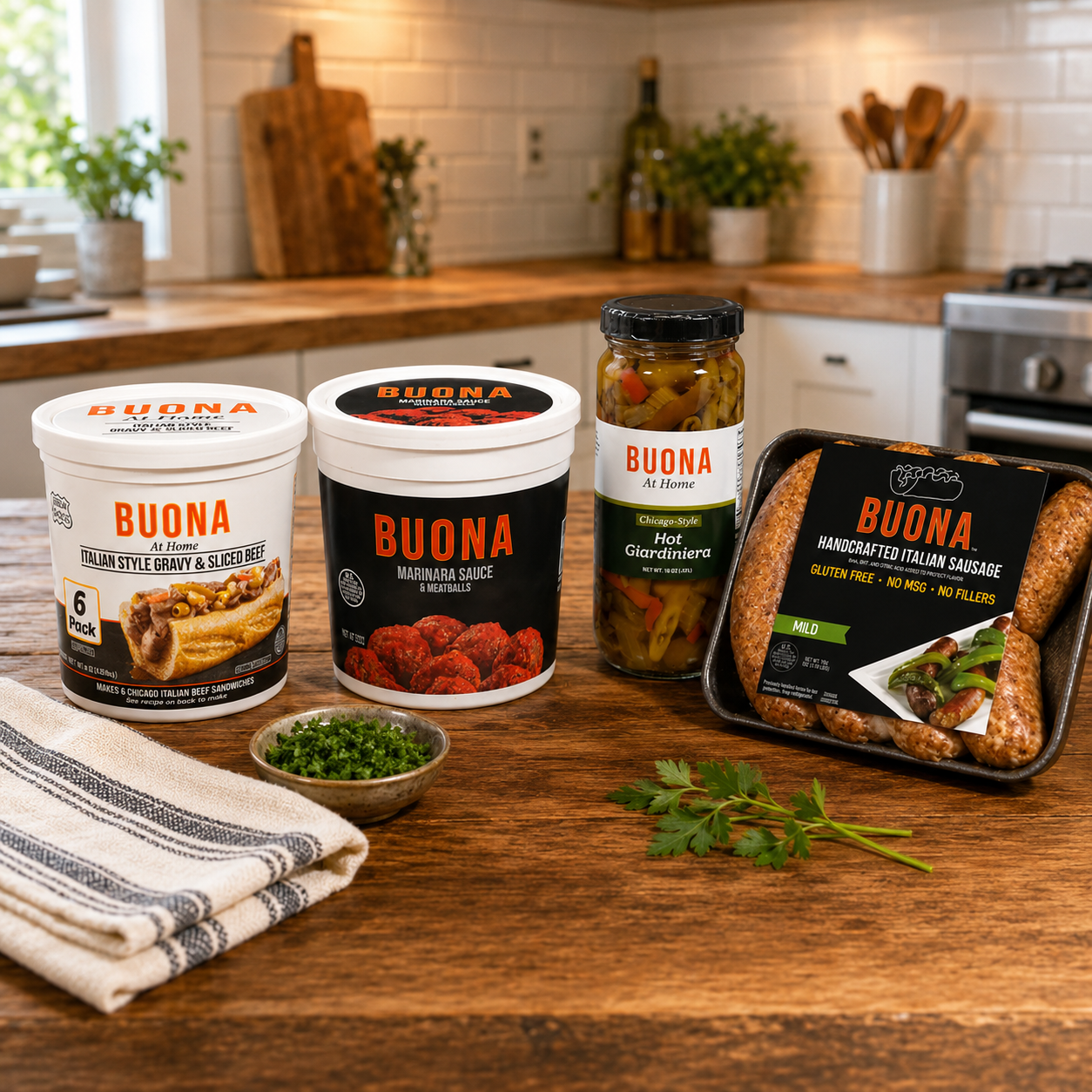 Buona Italian Favorites Combo Pack – Italian Sausage, Hot Giardiniera, Italian Beef & Gravy, Marinara Sauce & Meatballs, 4 Count