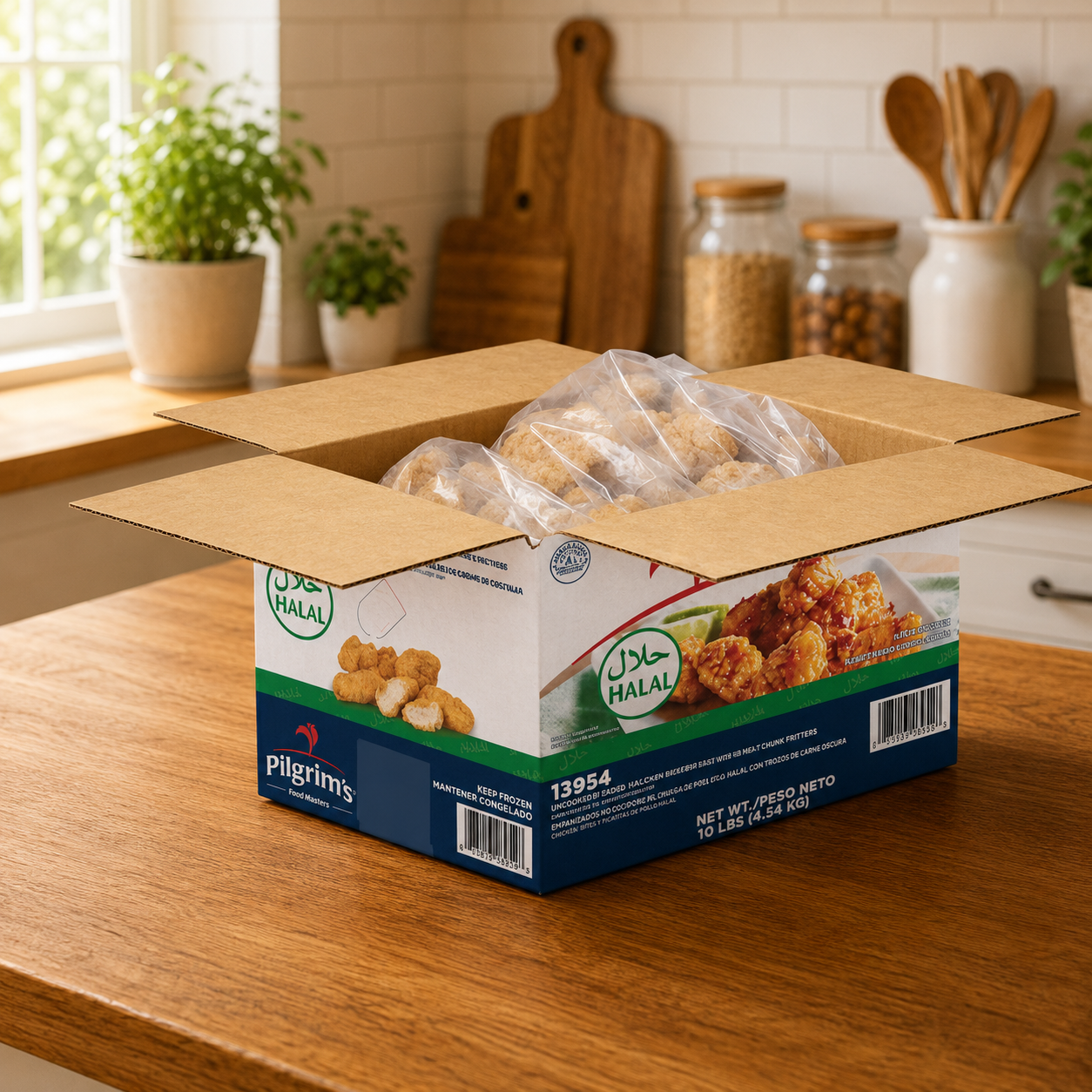 Pilgrim's Foodservice Uncooked Halal Chicken Breast with Rib Meat Chunk Fritters – 1 Case