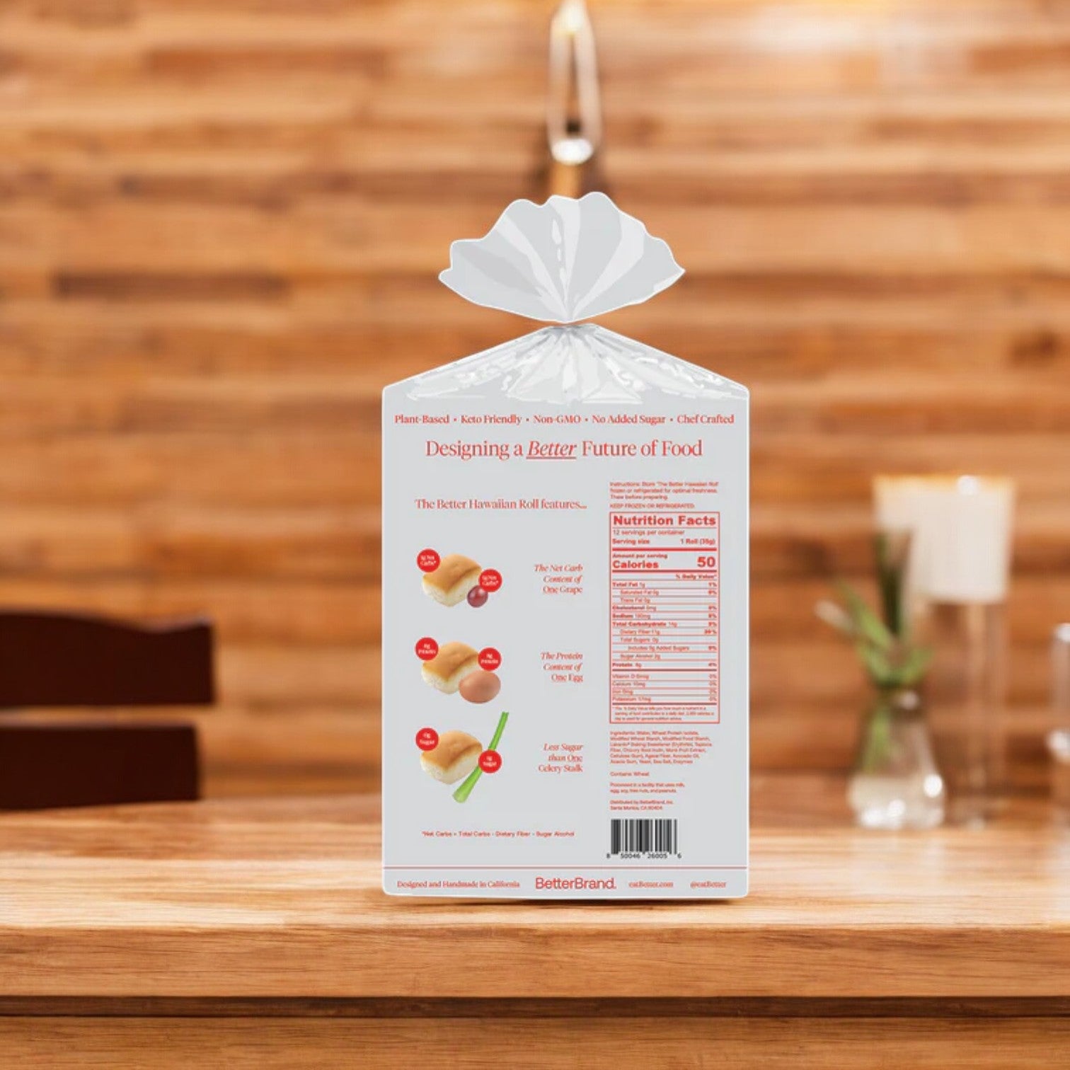 The packaging shows "Designing a Better Future of Food" with nutrition facts and images of garlic, onion, and tomatoes. Experience the soft and fluffy taste of BetterBrand's The Better Hawaiian Roll—perfect for any meal. Available in sets of 8 bags containing 12 rolls each, they're in stock and ready to ship!.