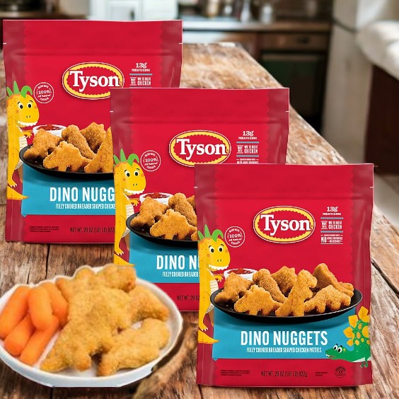 Three Tyson Dino Nuggets - Fully Cooked Fun Chicken Nuggets (3 Count) are on a kitchen counter, showcasing whole grain breaded nuggets. In the foreground, a bowl overflows with fully cooked nuggets and carrot sticks, perfect for snack time.