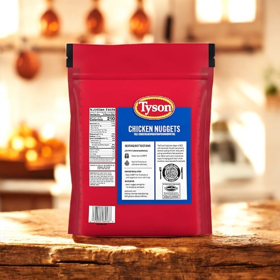 A package of Tyson Dino Nuggets- Fully Cooked Fun Chicken Nuggets- 3 Count sits on a wooden counter in a warmly lit kitchen.