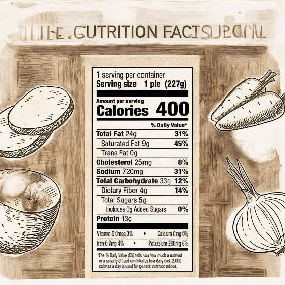 Blake's Chicken Pot Pie- 3 Count nutrition label lists 400 calories per 227g serving with details on fat, cholesterol, sodium, carbs, fiber, sugars, and protein; surrounded by veggie sketches and cues of natural ingredients.