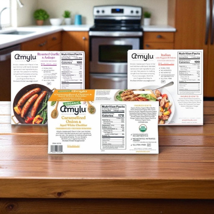 Amylu Organic Chicken Burger (32 oz, 8-Count), Amylu Roasted Garlic & Asiago Chicken Sausage - 4 CT (9 oz), Amylu Italian Chicken Sausage with Peppers & Onions (9 oz) Bundle ( 3 Items Total )