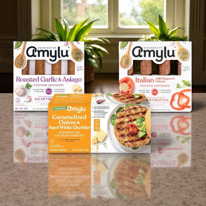 Amylu Organic Chicken Burger (32 oz, 8-Count), Amylu Roasted Garlic & Asiago Chicken Sausage - 4 CT (9 oz), Amylu Italian Chicken Sausage with Peppers & Onions (9 oz) Bundle ( 3 Items Total )