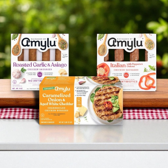 Amylu Organic Chicken Burger (32 oz, 8-Count), Amylu Roasted Garlic & Asiago Chicken Sausage - 4 CT (9 oz), Amylu Italian Chicken Sausage with Peppers & Onions (9 oz) Bundle ( 3 Items Total )