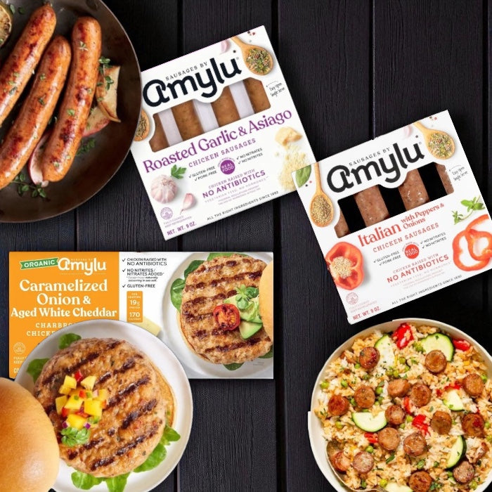 Amylu Organic Chicken Burger (32 oz, 8-Count), Amylu Roasted Garlic & Asiago Chicken Sausage - 4 CT (9 oz), Amylu Italian Chicken Sausage with Peppers & Onions (9 oz) Bundle ( 3 Items Total )