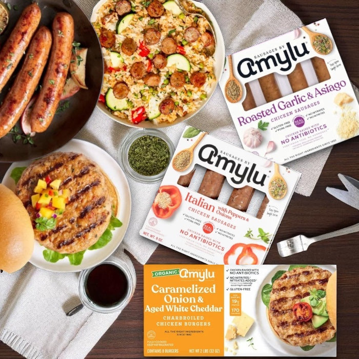 Amylu Organic Chicken Burger (32 oz, 8-Count), Amylu Roasted Garlic & Asiago Chicken Sausage - 4 CT (9 oz), Amylu Italian Chicken Sausage with Peppers & Onions (9 oz) Bundle ( 3 Items Total )