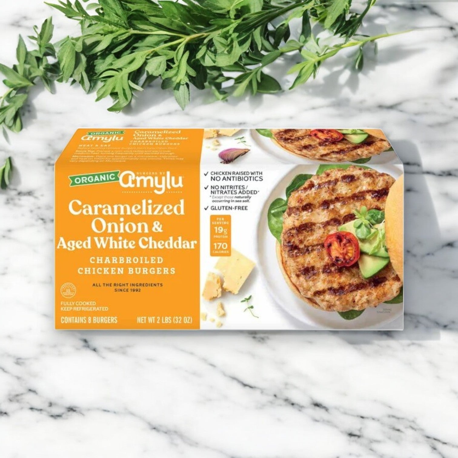 A 32 oz Amylu Organic Chicken Burger with Caramelized Onion & Aged White Cheddar, 24-count, rests on a marble surface amid lush greenery.