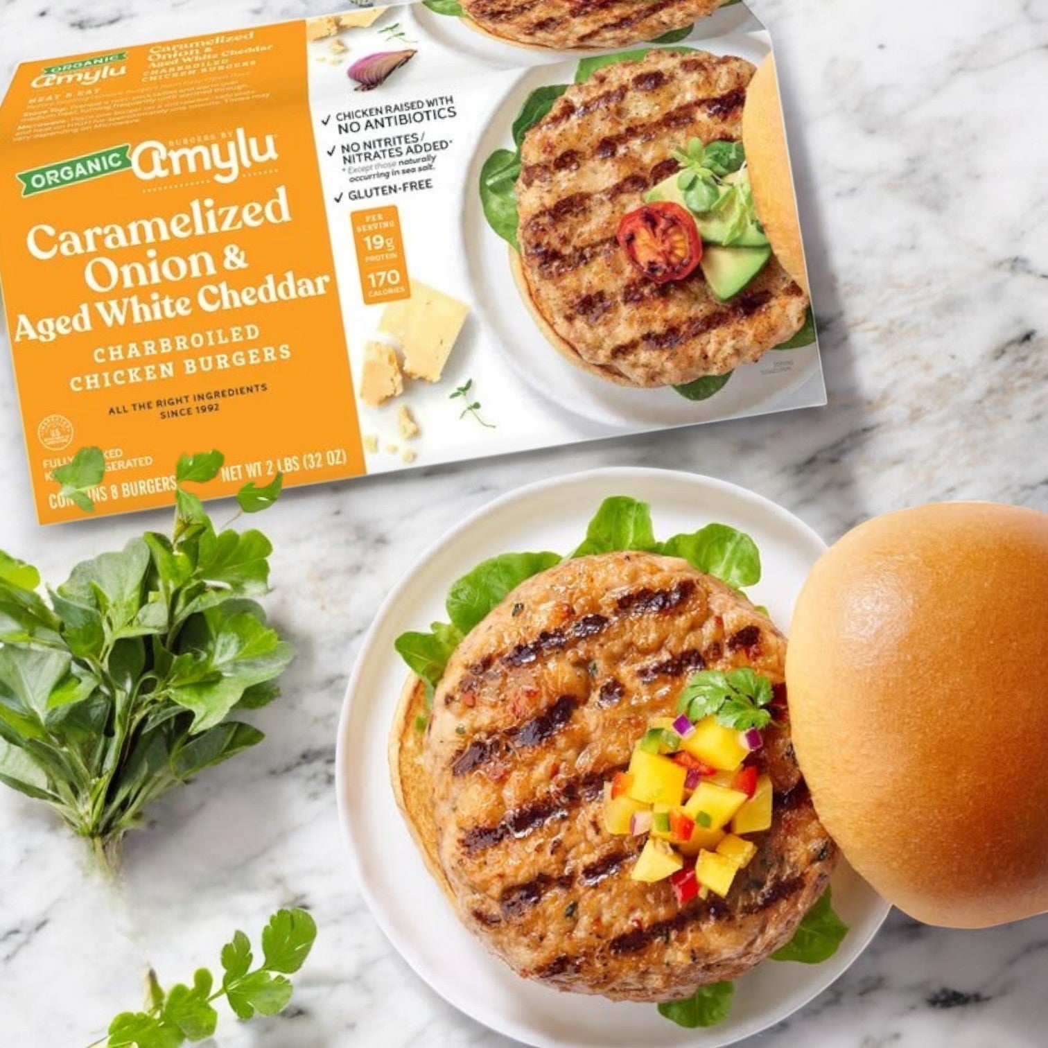 Amylu Organic Chicken Burger with Caramelized Onion & Aged White Cheddar, served as a cooked patty on a plate and topped with mango salsa next to a bun and leafy greens.
