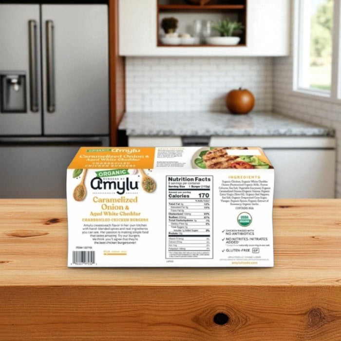 Amylu Organic Chicken Burger with Caramelized Onion & Aged White Cheddar (32 oz, 8-Count)