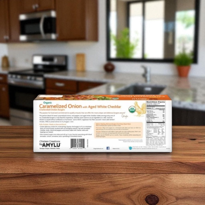 Amylu Organic Chicken Burger with Caramelized Onion & Aged White Cheddar (32 oz, 8-Count)