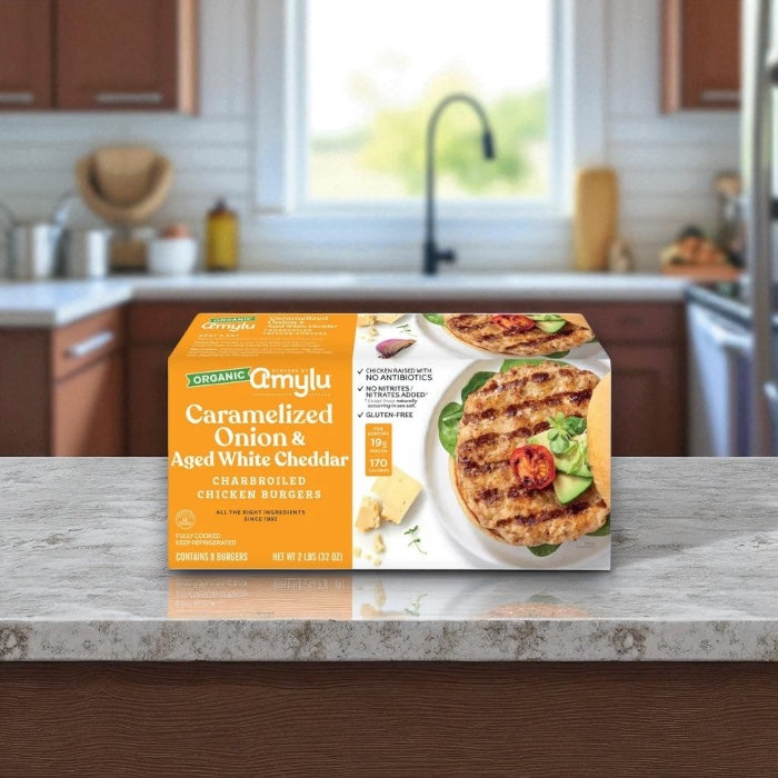Amylu Organic Chicken Burger with Caramelized Onion & Aged White Cheddar (32 oz, 8-Count)