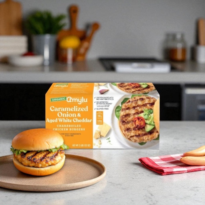 Amylu Organic Chicken Burger with Caramelized Onion & Aged White Cheddar (32 oz, 8-Count)