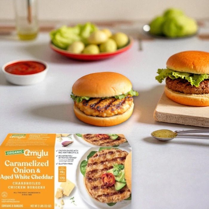 Amylu Organic Chicken Burger with Caramelized Onion & Aged White Cheddar (32 oz, 8-Count)