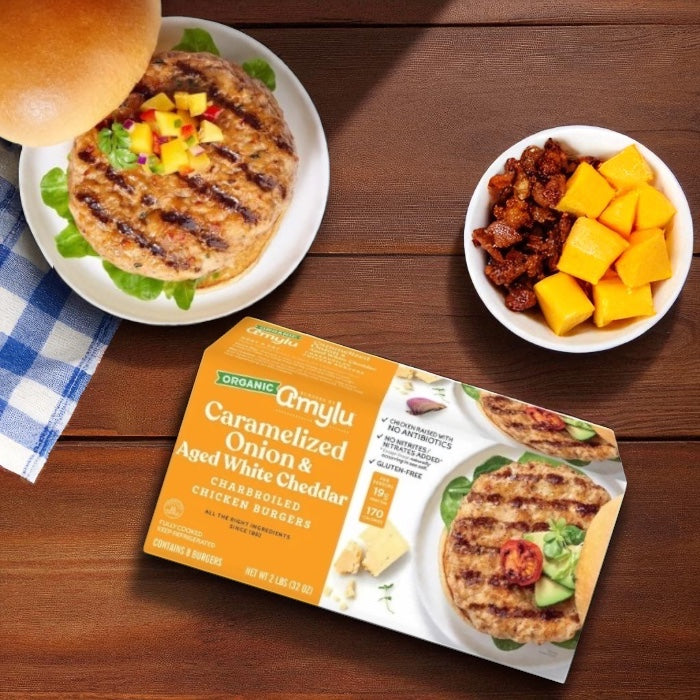 Amylu Organic Chicken Burger with Caramelized Onion & Aged White Cheddar (32 oz, 8-Count)