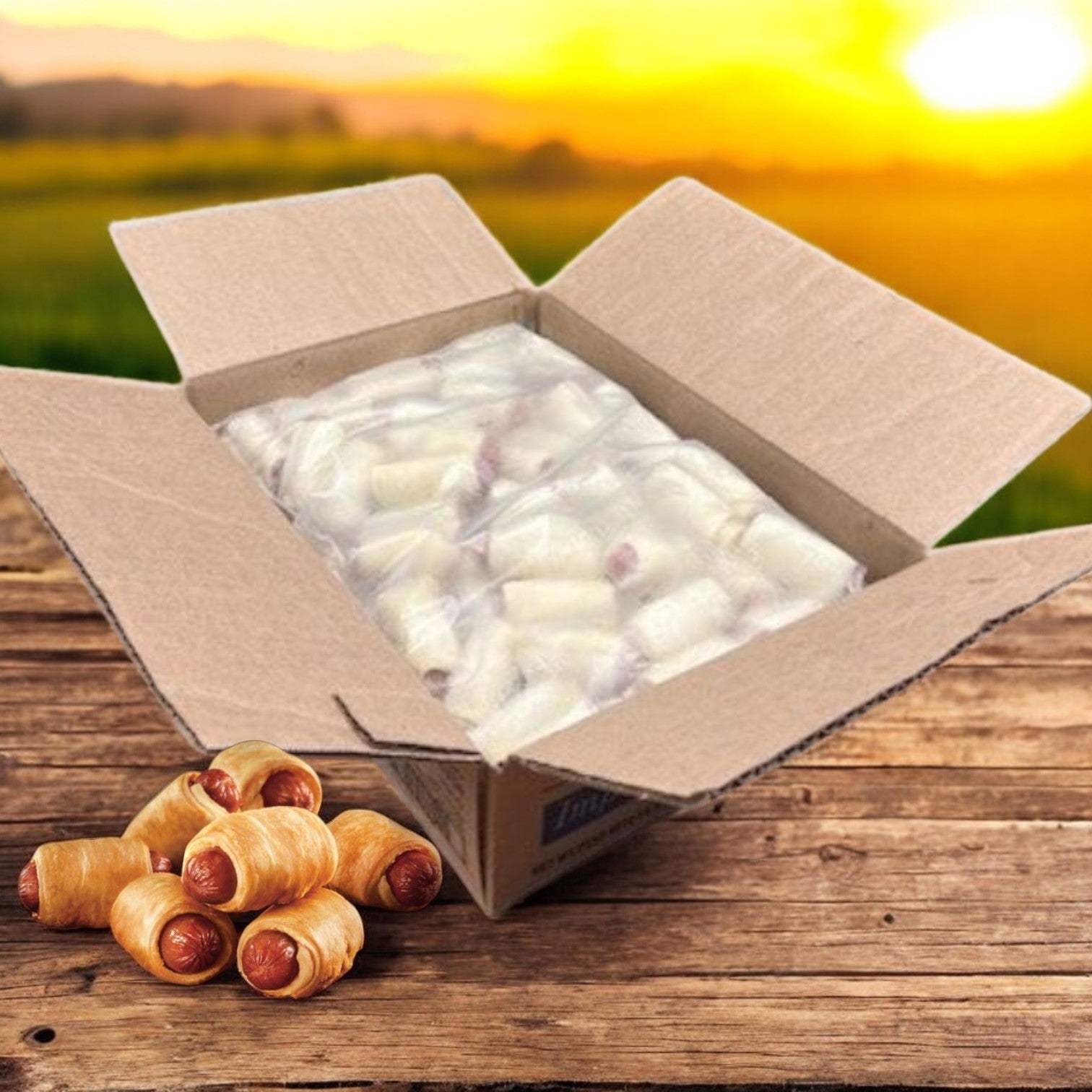 A cardboard box labeled "Pig In A Blanket!-Frank In Puff Pastry-Sysco Classic-100 Count-1 Case" sits on a wooden surface. Unwrapped franks in puff pastry are beside it, with a grassy field and sunset creating a picturesque backdrop, ideal for outdoor catering services.