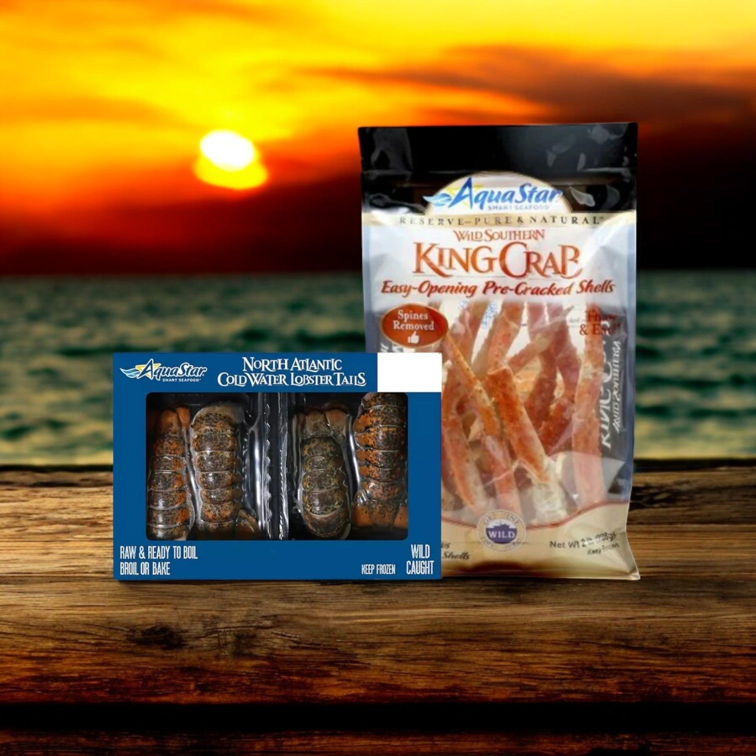 The Easy Lunches Crab and Lobster 2 Pack Seafood Feast Combo offers a delectable seafood feast, elegantly set against a wooden surface with a blurred natural background.