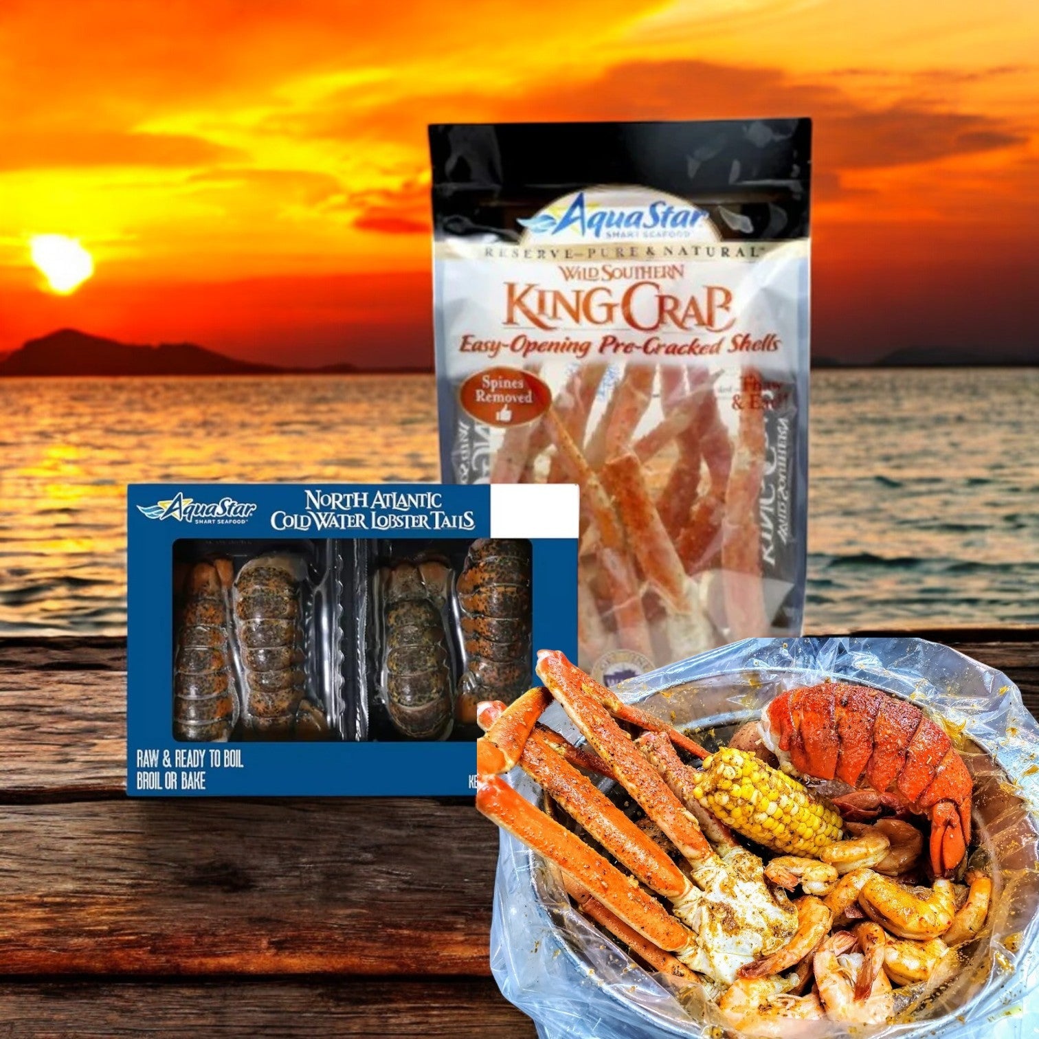 The Easy Lunches Crab and Lobster 2 Pack Seafood Feast Combo, featuring crab legs, shrimp, corn, and sausage, is beautifully set against a sunset over the water.