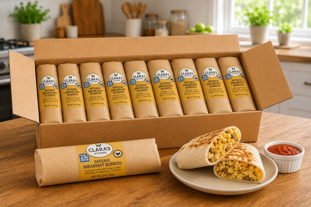 Clara's Kitchen Individually Packaged Sausage Breakfast Burrito, 8 oz. - 12 A Case