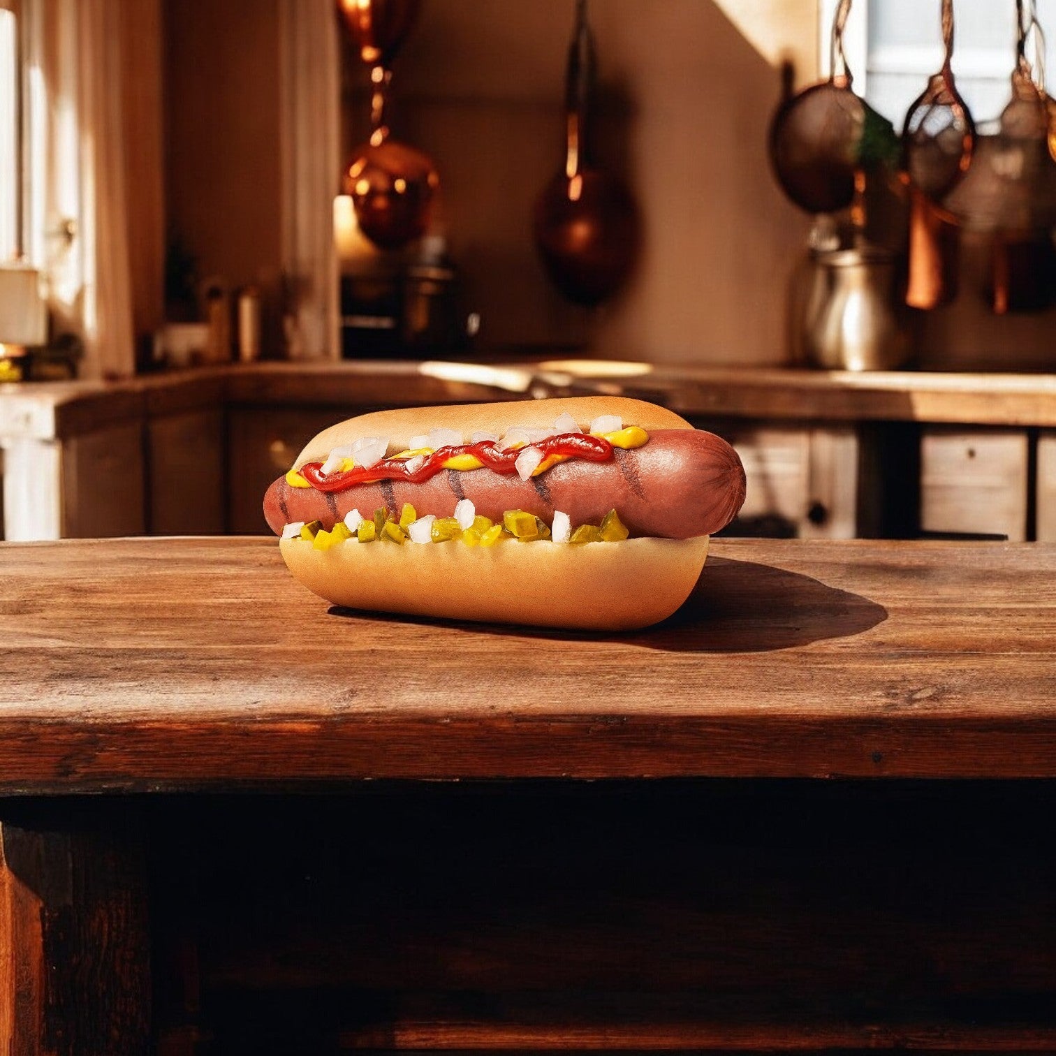 A Ball Park Beef Frank from the Original Length, 24 Count 3 Pack rests enticingly in a bun with mustard, onions, and ketchup on a wooden table in a cozy kitchen setting, ideal for enjoying the full 100% beef flavor after grilling.