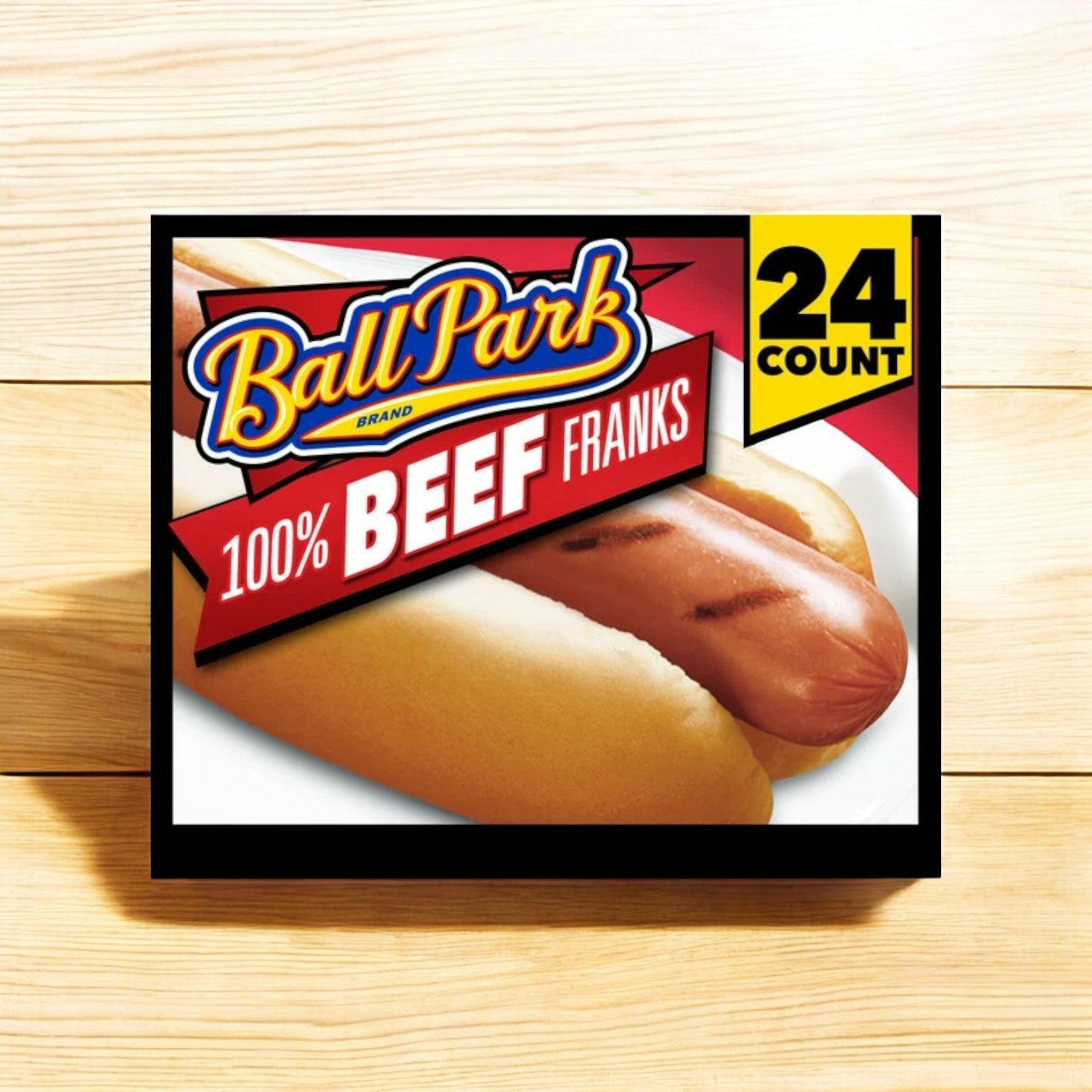 Box of Ball Park Beef Franks, Original Length, 24 Count 3 Pack, ideal for grilling. The package features a tempting close-up photo of a cooked hot dog in a bun.