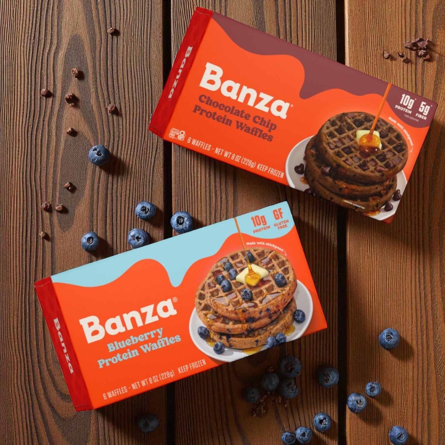 Banza Combo: Blueberry Protein Waffles & Chocolate Chip Protein Waffles – Gluten Free, Lower Carb, High Protein, 6-Pack Each (8 oz. per Pack)