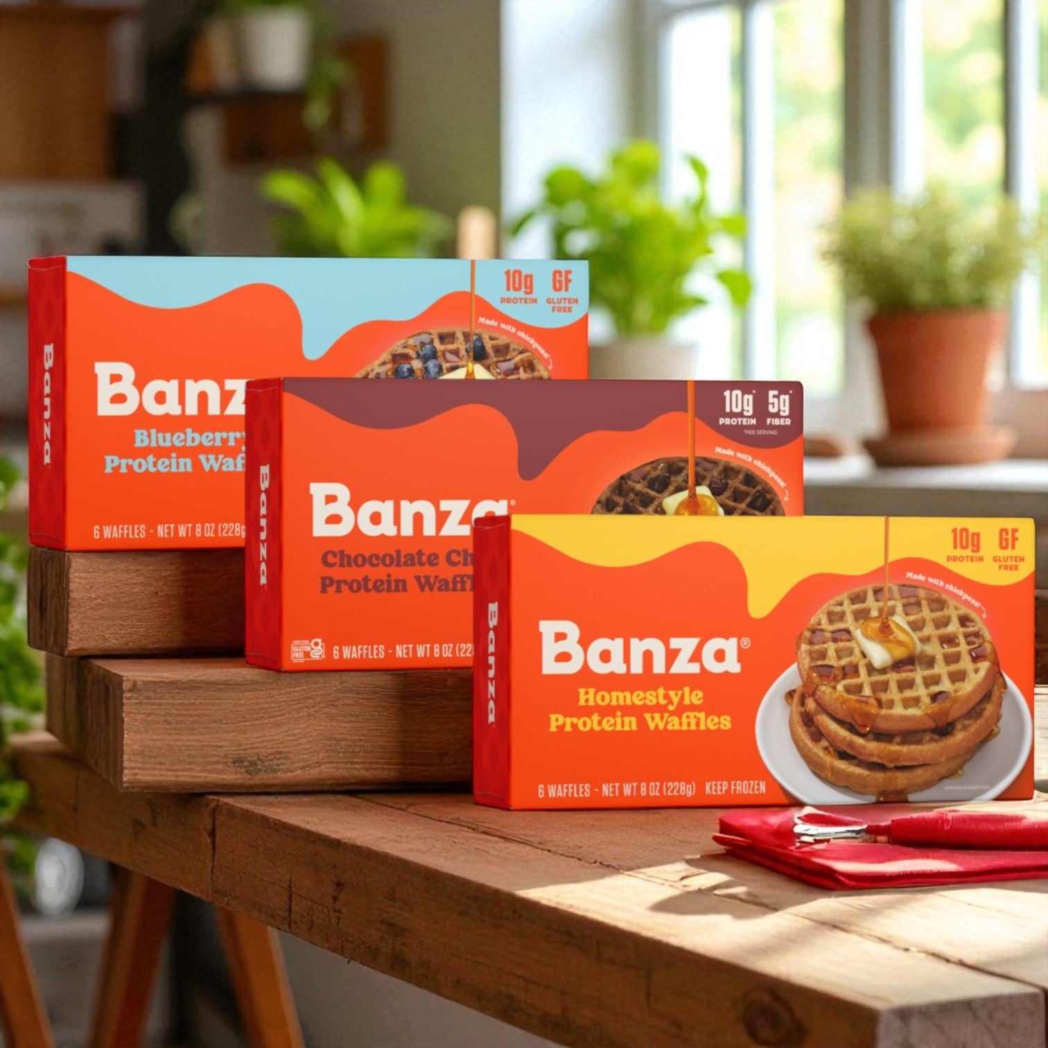 Banza Protein Waffles – Gluten Free, Lower Carb, High Protein, 6-Pack, 8 oz. (Blueberry, Chocolate Chip, Homestyle)
