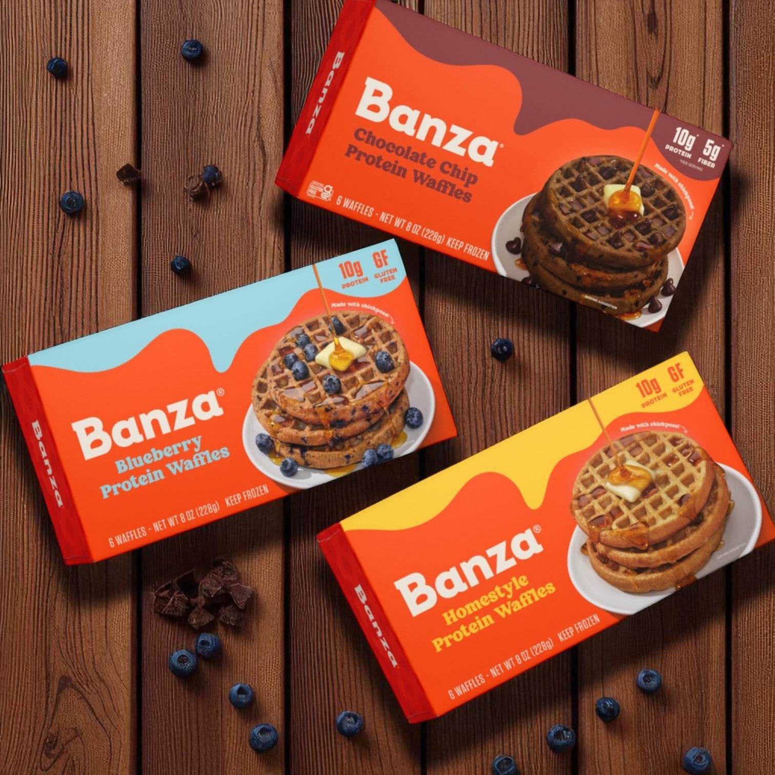Banza Protein Waffles – Gluten Free, Lower Carb, High Protein, 6-Pack, 8 oz. (Blueberry, Chocolate Chip, Homestyle)