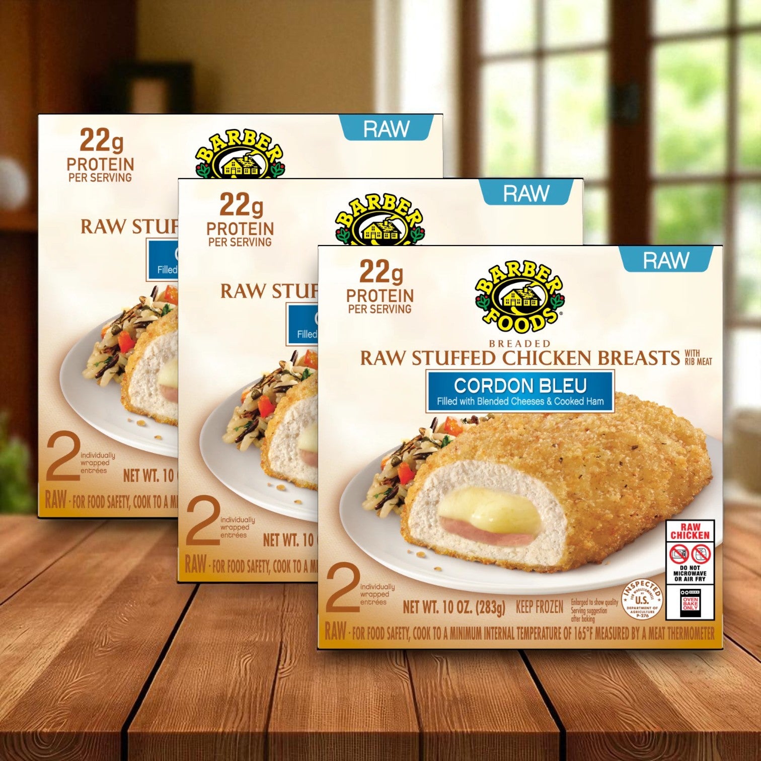 Barber Foods Breaded Raw Cordon Bleu Stuffed Chicken Breasts- 2 Count- 3 Packs
