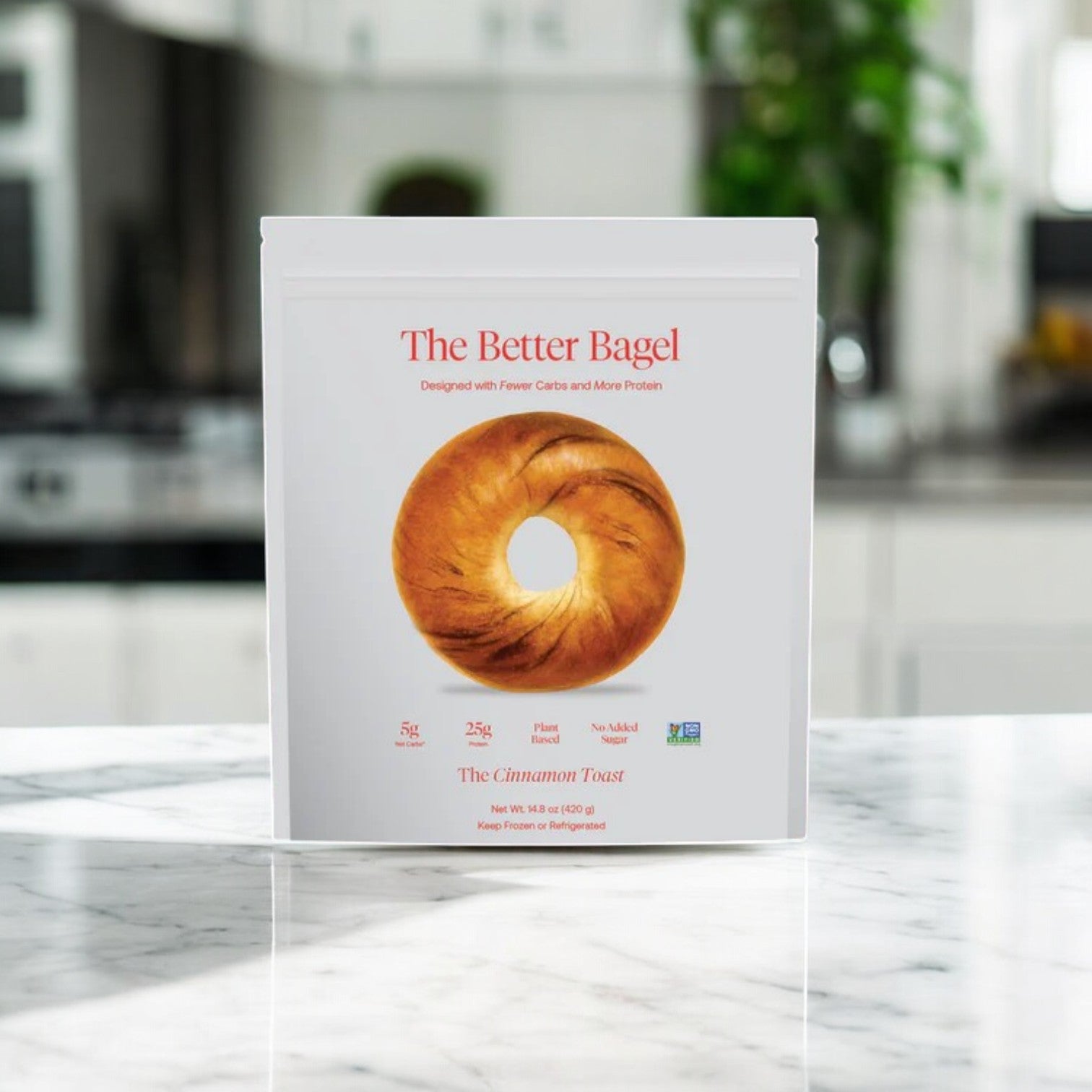 The Cinnamon Better Bagel by BetterBrand, featuring 4 bagels in one package, is displayed on the kitchen counter.