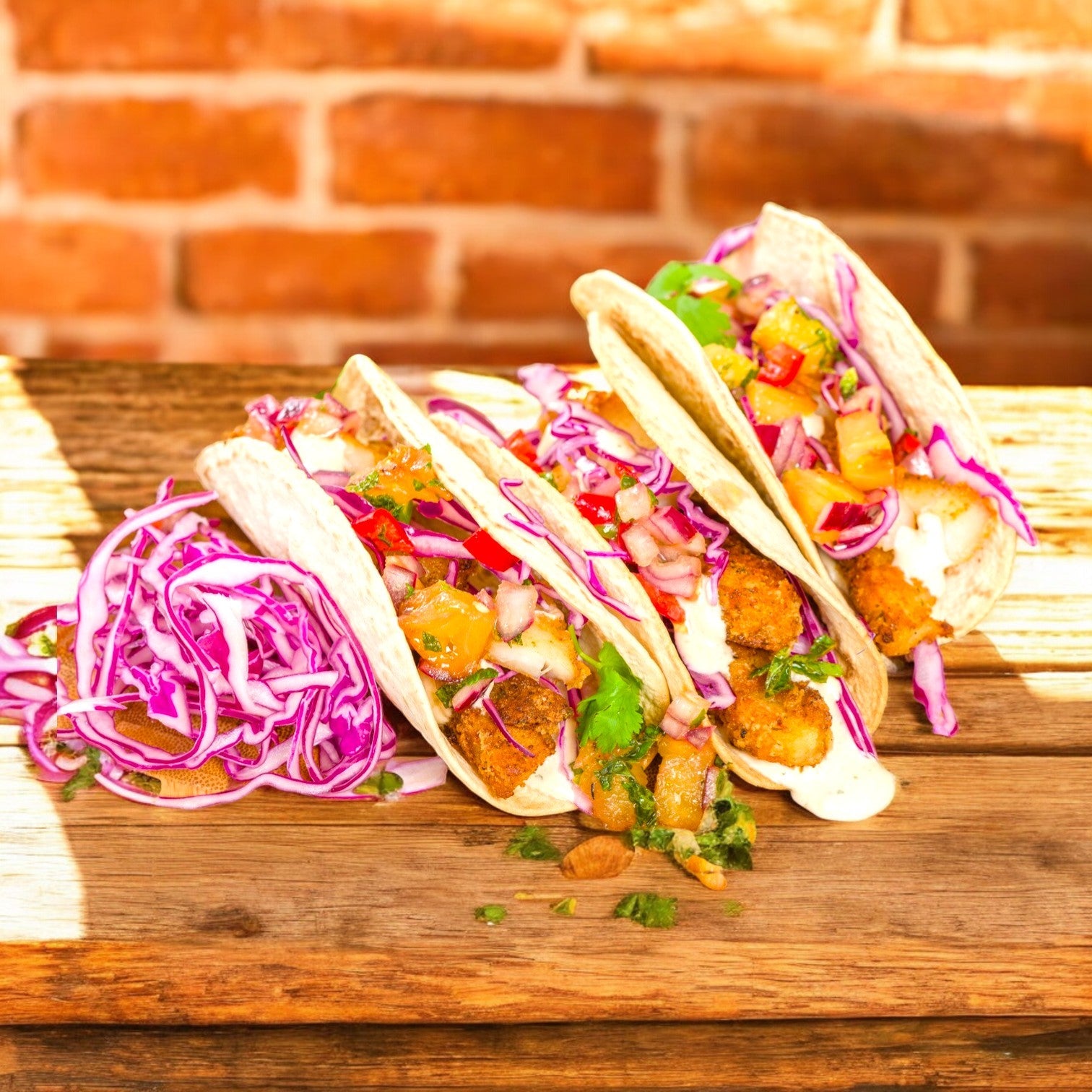 Three fish tacos on El Milagro 10-inch flour tortillas are topped with diced tomatoes, red cabbage, and sauce, presented on a wooden table with a brick wall backdrop for an authentic flavor.