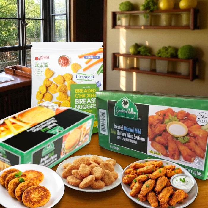 Halal Chicken Breast Nuggets (3 lbs), Halal Chicken Breast Patties (10 lbs), Halal Chicken Wings (5 lbs) Favorites Combo (3 Items Total)