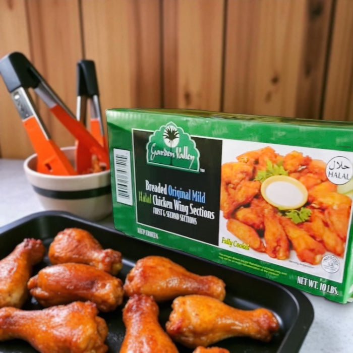 Breaded Original Mild Halal Chicken Wings, Fully Cooked Pack Size: 10 lbs