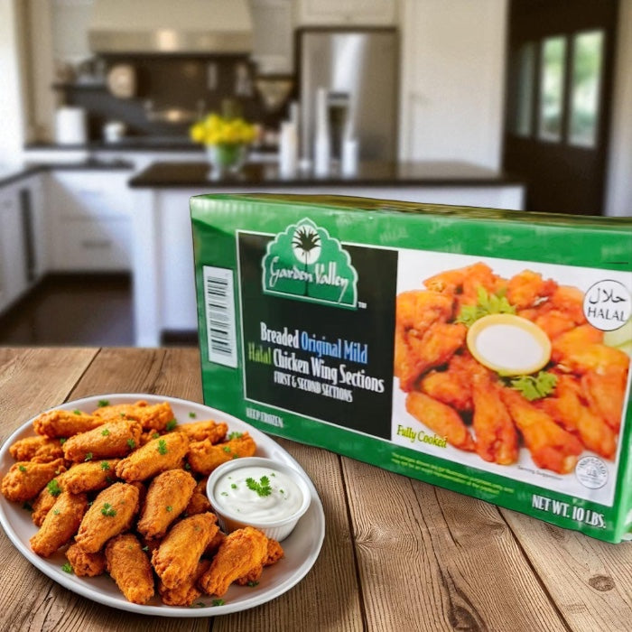 Breaded Original Mild Halal Chicken Wings, Fully Cooked Pack Size: 10 lbs