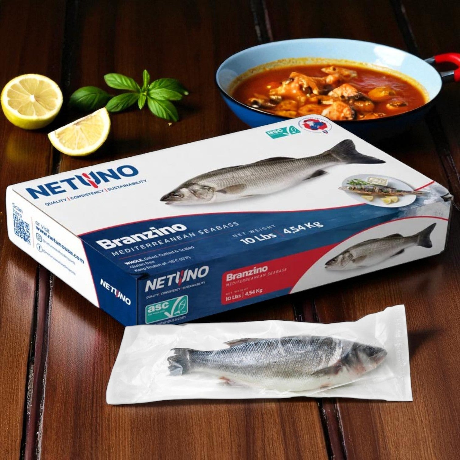 Netuno USA Whole Branzino – Gilled, Gutted & Scaled (1 lb Each, 10 lb Case)