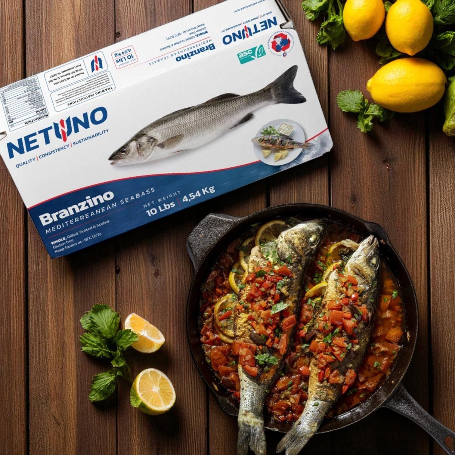 Netuno USA Whole Branzino – Gilled, Gutted & Scaled (1 lb Each, 10 lb Case)