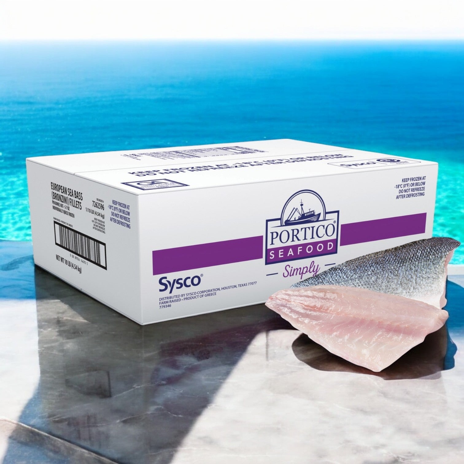 A box of Portico Classic Seafood Branzino Fillets, 5-7 oz each and IQF, sits beside an individually quick-frozen fillet on a reflective surface with a stunning ocean view.