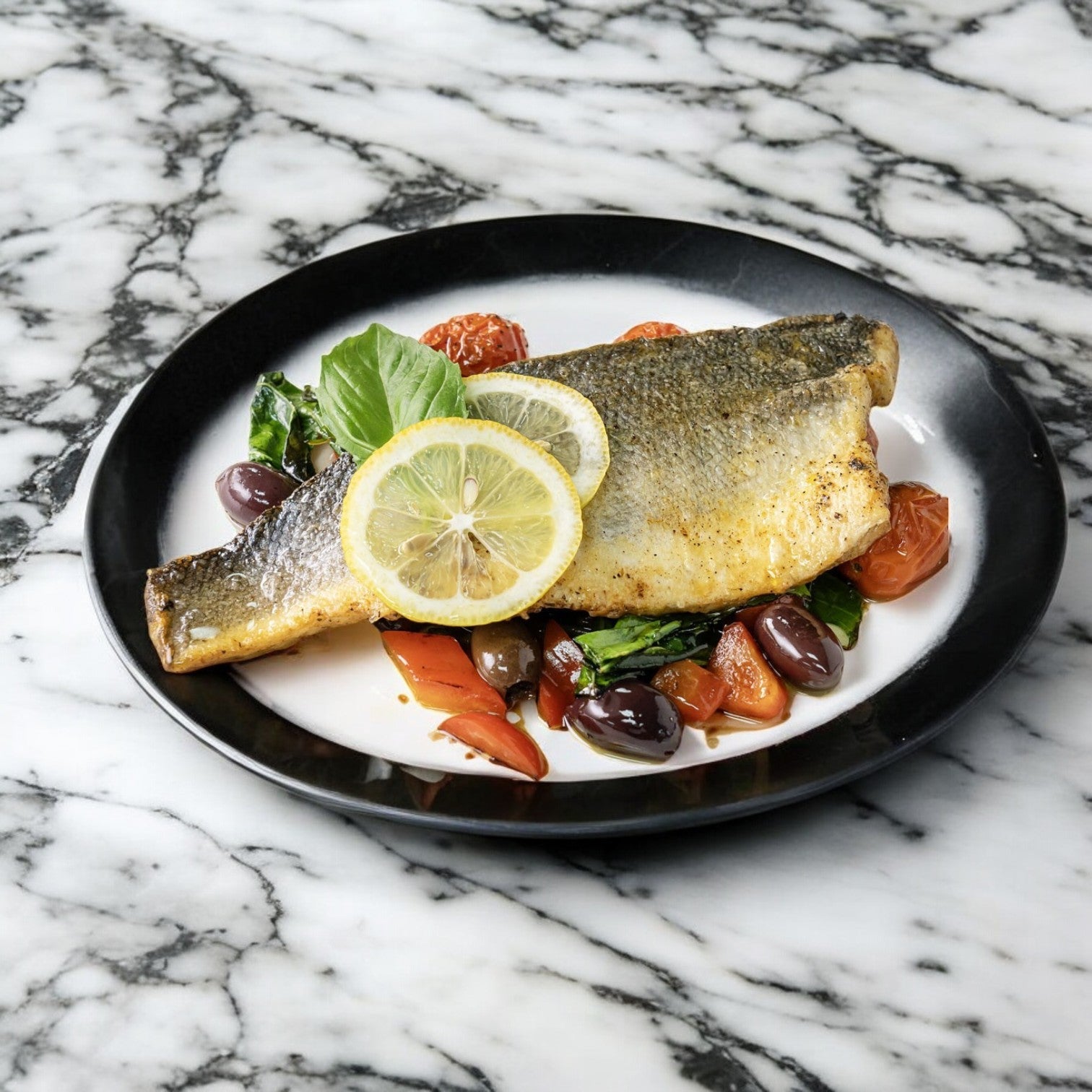 The Portico Classic Seafood Branzino fillet, served with lemon slices, cherry tomatoes, olives, and basil on a black-rimmed plate atop marble, delivers exquisite European sea bass flavor in every bite.