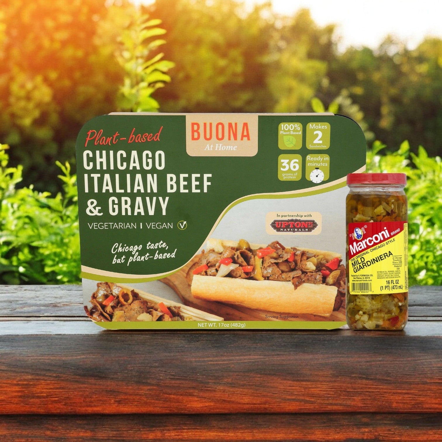 Easy Lunches' Buona Kit Combo, 2 Pack! with plant-based Italian beef and gravy, along with a jar of Marconi giardiniera, is ready on the table—a vegan-friendly take on the classic Chicago Italian beef sandwich.